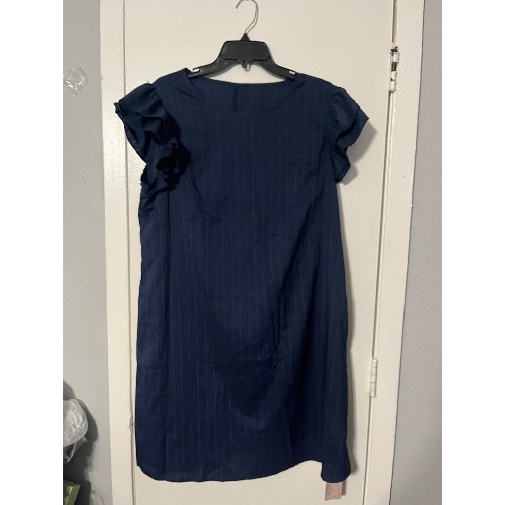 Emery Rose Navy Blue Ruffle Sleeve Shift Dress XL NWT Vertical Stripe Casual